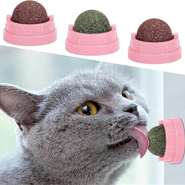3 Pack Catnip Balls for Cats Wall Edible Kitty Toys for Cats Lick Safe Healthy Kitten Chew Toys, Teeth Cleaning Dental Cat Toys, Cat Wall Treats