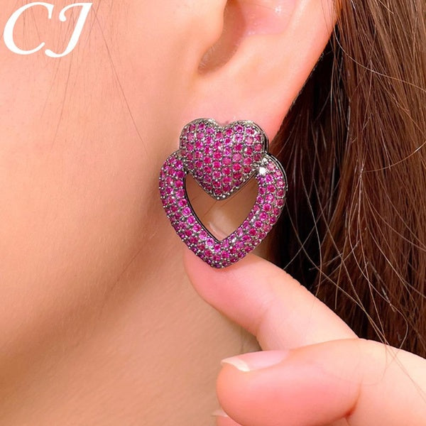 CANDICE Charme Noir Plaqué Or Complet Micro Pave Rose Rouge AAA Zircon Cubique Deux Coeur Forme Boucles D'oreilles Femmes Vintage Bijoux De Fiançaill