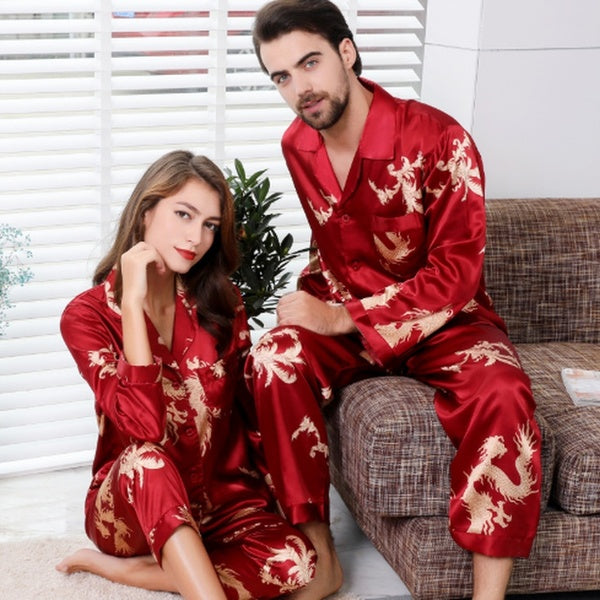 Silk lover pajamas New long-sleeved suit for men's and women's V-collar silk printed dragon and Phoenix household clothes