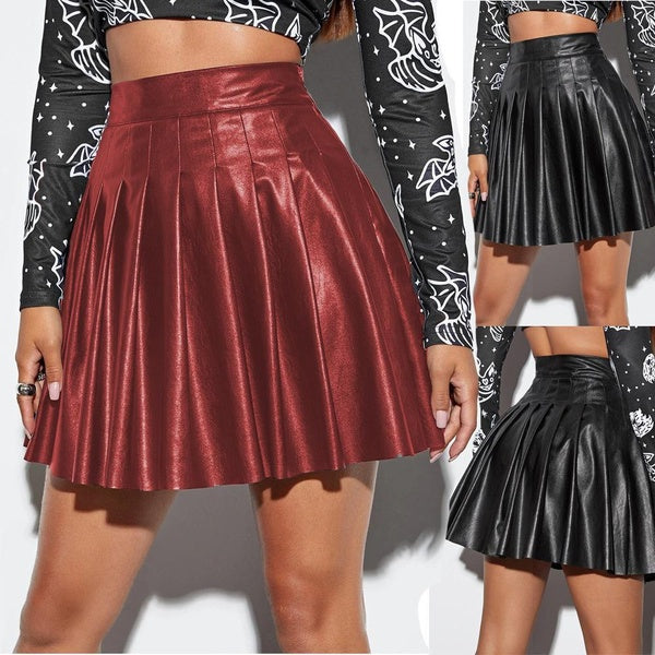 New Fall Winter Fashion PU Leather High Waisted Skirts Womens Vintage The Pleated A-line Mini skirt