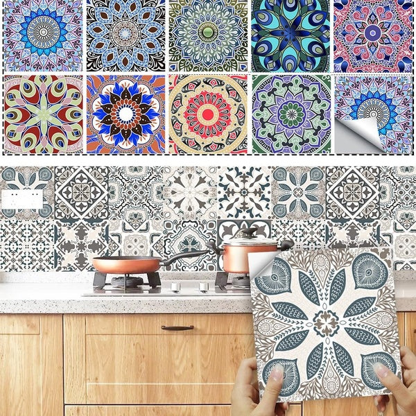 Bohemian Decorative Tile Stickers Set 10pcs, Self Adhesive Backsplash Tile Stickers DIY Murals, Removable Waterproof Decal Stickers for Kitchen Bathr