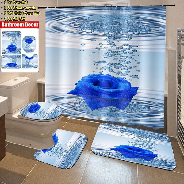 Blue Romantic Water Rose Flower Shower Curtain Bathroom Set Waterproof Shower Curtain + Lid Toilet Mats Set + Anti-Slip Carpet Bathroom Decor 1-3-4pc