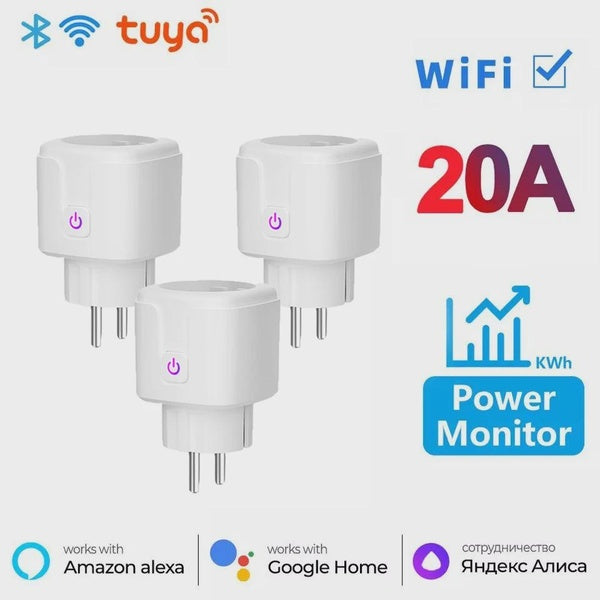 Tuya - prise intelligente WiFi 20A ue, sans fil, minuterie, télécommande vocale, ignifuge, pour la maison, Google Home Alexa