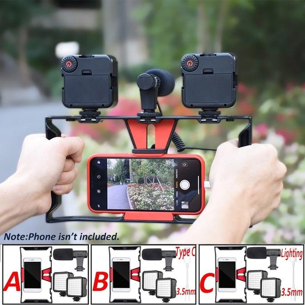Smartphone Video Rig + 2pcs LED Light + Microphone, iPhone Smartphone Filmmaking Recording Vlogging Rig Case, Phone Movies Mount Stabilizer pour iPho