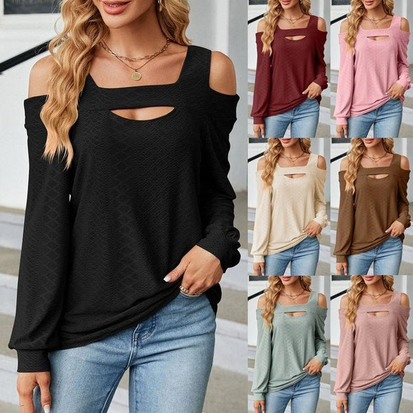 Women's Fashion Off Shoulder Long Sleeve Blouses Ladies Casual Hollow Out T-shirts Solid Color Loose Shirts Tops