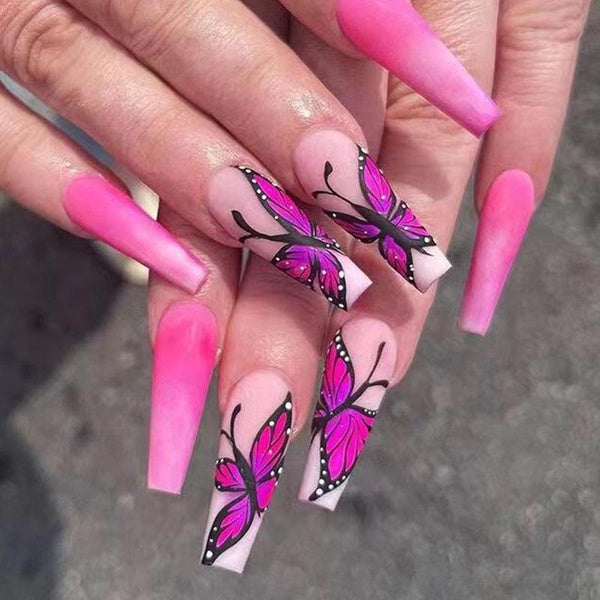3D Chocolate Color with Faux Diamond Fake Nails Pink Butterfly Gradient Fake Nails Silver Line Long Coffin Nails Pink Love Heart White Press on Nail