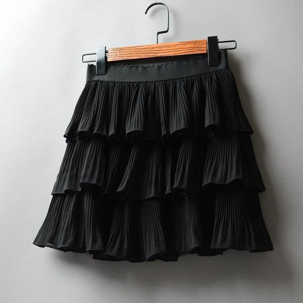 Women Elasticity Waist Mini Skirt Summer Casual Ladies Chiffon Cake Pleated Skirts Black Wihte One Size