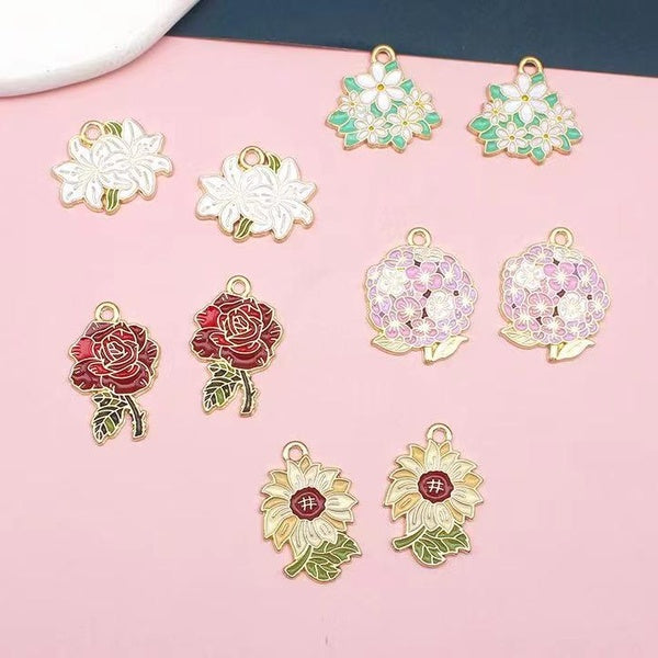20pcs Aesthetic Flowers DIY Alloy Accessories Rose Sunflower Enamel Charms for Making Earring Necklace Keychain Drip Oil Pendant