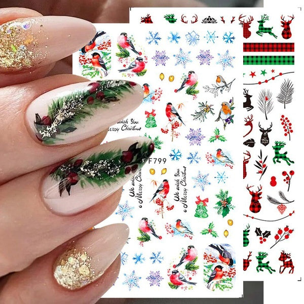 3D Winter Christmas Nail Design Snowflake Bird Leaf New Year Slider Nail Stickers Manicure Colorful Decals Decoration GLF797-801