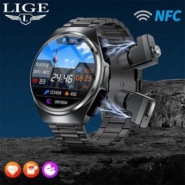 LIGE 2024 NFC TWS écouteurs sans fil montre intelligente fonction de santé Bluetooth appel étanche sport hommes Smartwatch pour Xiaomi Huawei