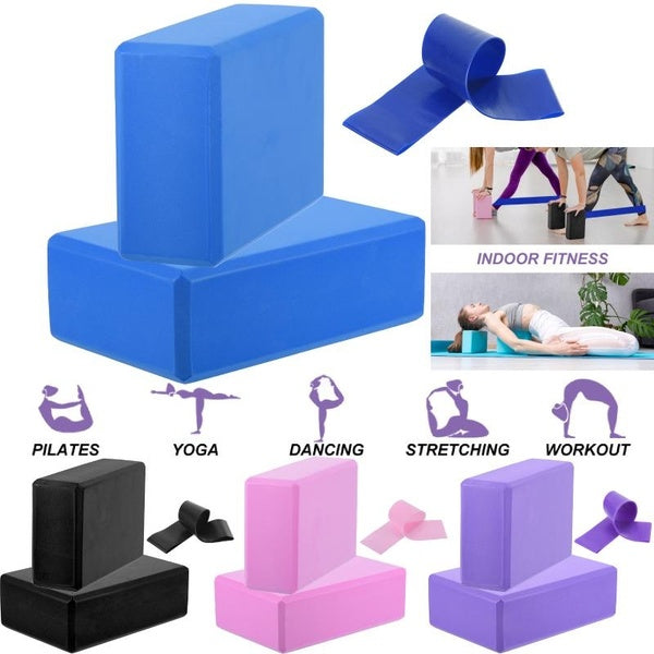 Lot de 2 blocs de yoga et 1 bande de résistance, bloc de mousse EVA haute densité, bloc de mousse, Pilates, bande d'exercice, sangle d'entraînement é