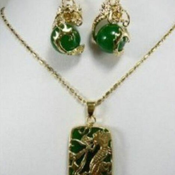 Charming Green jade Dragon Pendant necklace earring set