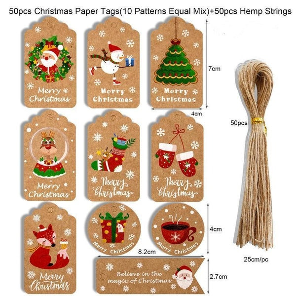 50-set Christmas Kraft Paper Christmas Gift Tags Xmas Kraft Gift Hanging Tags with Rope for DIY New Year Xmas Holiday Gift Wrap Stamp and Label