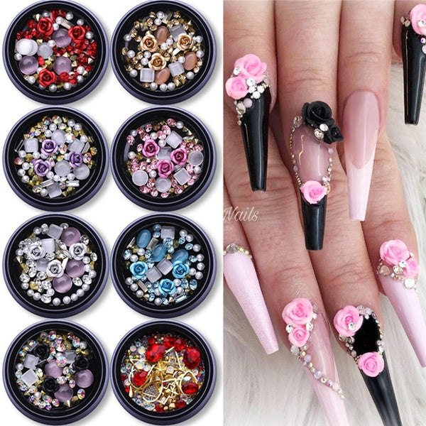12styles 3D Nail Art Rhinestone Diamond Flowers Pearl Opal Mixed Nail Sequin DIY Nail Art Decoration Nail Tips