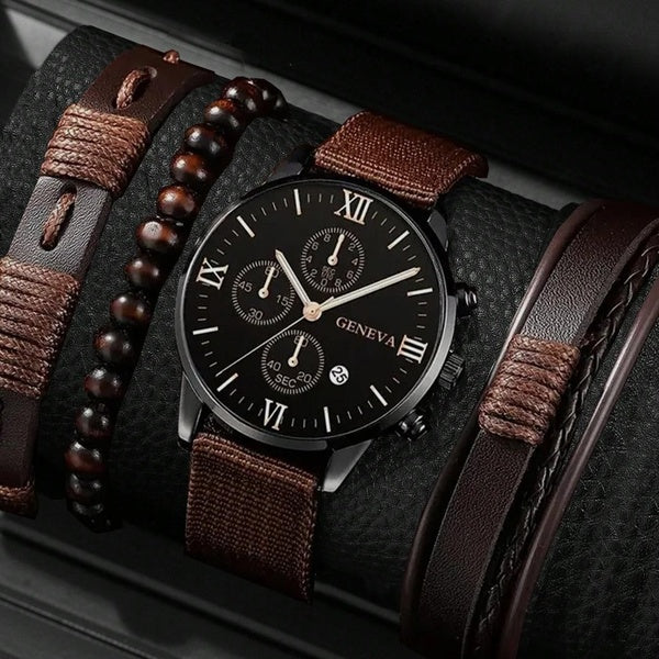 Montres à Quartz pour hommes, 4 pièces, mode d'affaires décontractée, pointeur rond, calendrier, 3 pièces, Bracelet