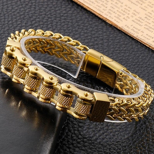 Rock And Roll Men's Bike Motorcycle Link Chain Bracelet Jewelry Gold Plated Stainless Steel Bicycle Bracelets & Bangles for Men