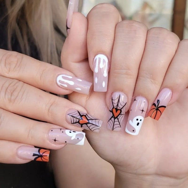 Pumpkin Halloween Fake Nails Long Coffin Ballet Artificial Nail Patch Spider Web Ghost Pattern Press on Nail Tips Wearable Nails