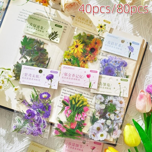 40pcs-80pcs Flower PET Stickers Waterproof Flower Decals for DIY Crafts Envelopes Water Bottles Car Scrapbooking Card Making Journaling Cups
