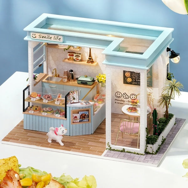 3D Shop Dollhouse Miniature Kit with Furniture Cover LED House Wooden DIY Miniature Dolls House Kits Great Gift Idea for Craft Lover