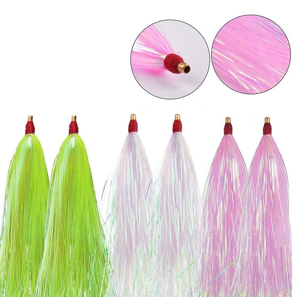 12Pcs Fishing trolling lures Teasers skirts bait Saltwater Mylar Flash bucktail teaser bait Rigs Bass Trout Fly Fishing Lure Accessories