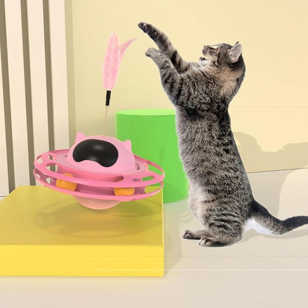 Cat Turntable Toy, Turntable Circle Track Toys with Moving Balls 360 Degree Rotation Cat Feather Toys, Interesting Interactive Cat Toy with Feather f