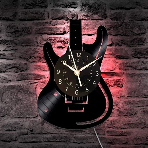 Musical Guitar Led Vinyl Wall Clock Color Change Decorative Home Vintage Gift(Size: 12 inch, Color: Black)