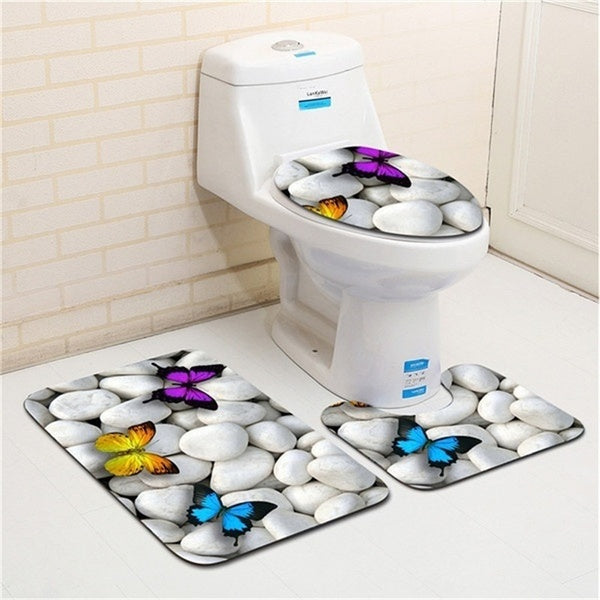 Bathroom Decor Toilet Waterproof 1-3 Piece Floor Mat Door Mat Bathroom Rugs Flannel Coloured Butterfly and Stone Bath Mat