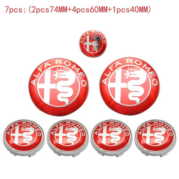 7pcs Alfa Romeo CAR Logo 74mm Hood Trunk+ Steering Wheel Badge+ 60mm Wheel Center Cap Emblem Brera 159 Spider Giulietta Stelvio