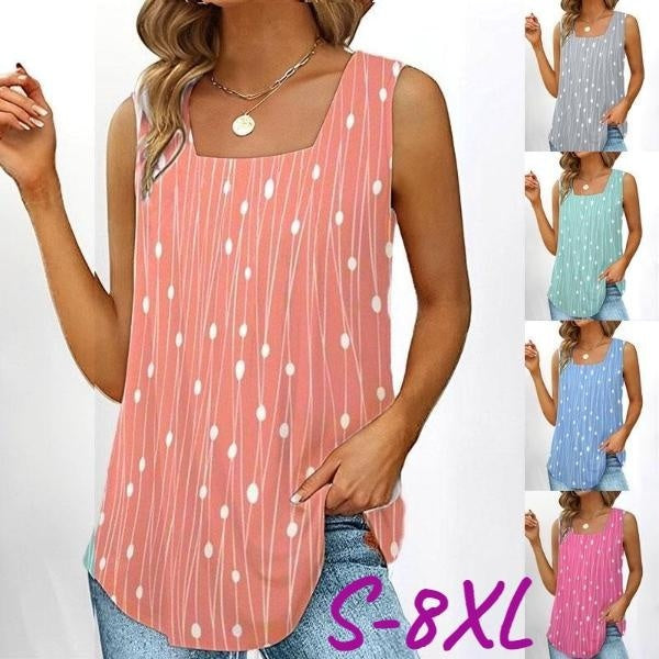 Women‘s Casual Summer Tank Tops Plus Size Fashion Clothes Printed Blouses Sleeveless Blouses Ladies Square Neck Printed Tops Off Shoulder Boho Tops C