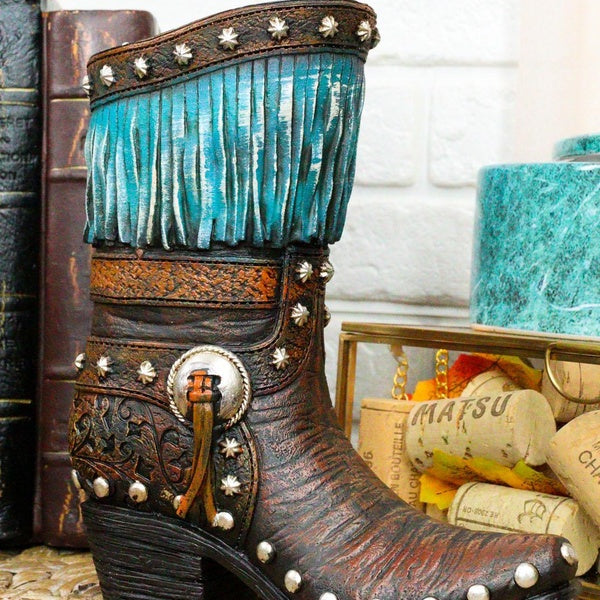 Rustic Western Tooled Leather Lace Patterns Boot Floral Vase With Blue Fringes