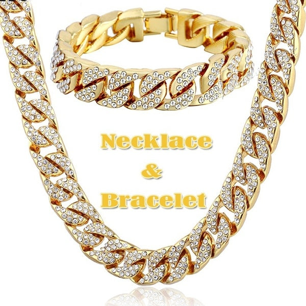 Hip Hop 24K plaqué or glacé brillant complet strass Miami cubain lien chaîne colliers et Bracelets femmes hommes chaînes de charme