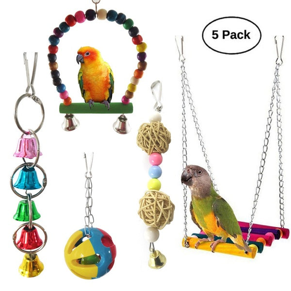 5 Pcs Pet Bird Perroquet Cage Jouet, Perruche Oiseau Jouets Perches Balançoire Jouets Suspendus avec Perles En Bois Colorées Cloches Sepak Takraw pou