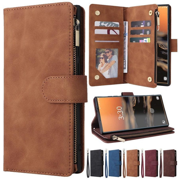 Portefeuille Multi Carte Fermeture Éclair Magnétique Flip Étui En Cuir Pour Samsung Galaxy S23 Ultra S22 S21 Plus S20 FE Note 20 A04s A13 A14 A32 A33