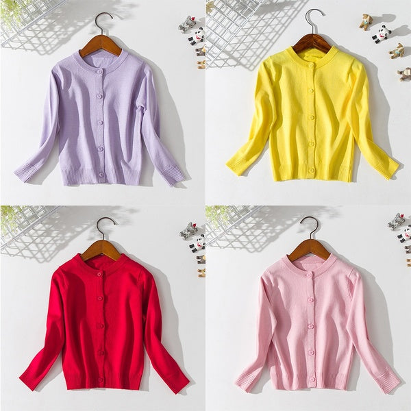 Girls Crewneck Knitted Cardigan Kids Knitted Jacket Teenage Candy Color Sweaters Children Jumper 1-14 Years