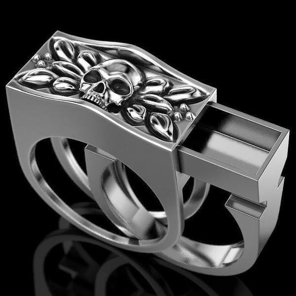 Accessoire de mode pour homme Bague tête de mort plaqué argent Compartiment secret Compartiment cercueil cinéraire Mémorial Souvenir Cercueil Cadeau