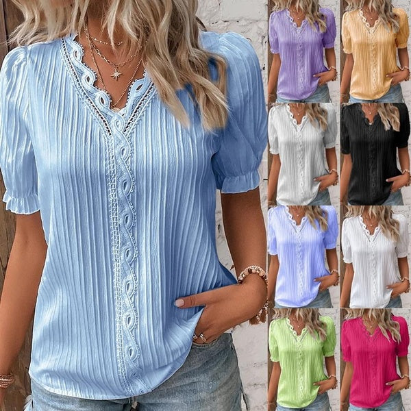 Mode féminine décontracté manches à volants Blouses été T-shirts amples solide respirant dentelle chemises hauts grande taille