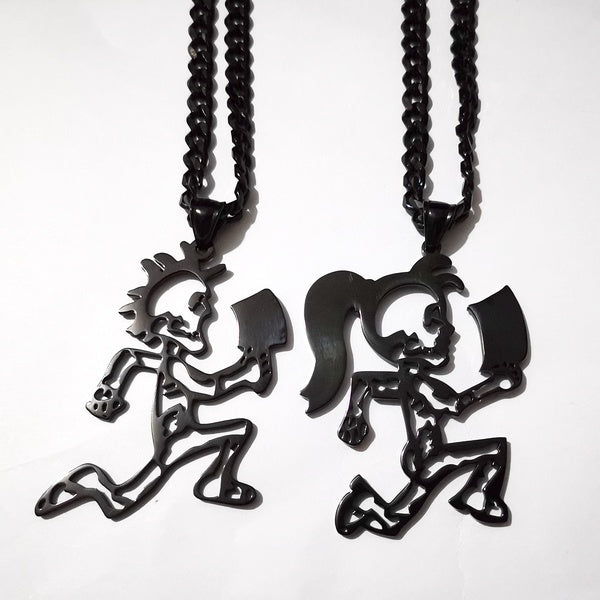 One Pair ICP (boy girl ) BLACK Hatchetman Charms Hatchet women Twiztid Rare Juggalo Stainless Steel Pendant Necklace curb chain 5mm 24 inch