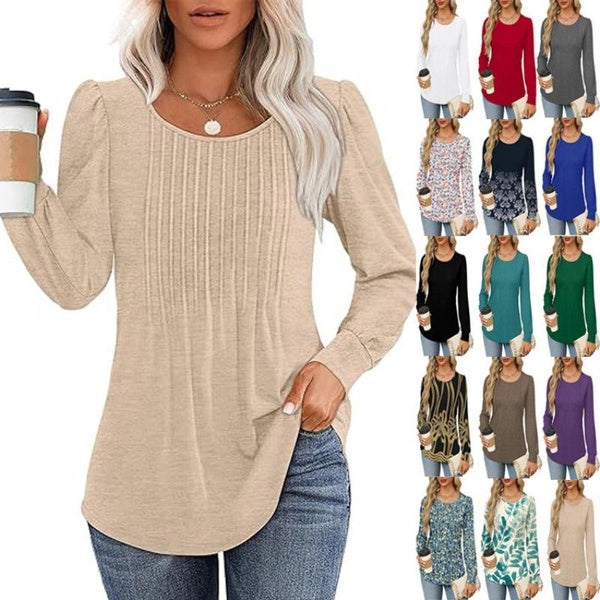 Long Sleeve Shirts for Women Fall Tops Dressy Casual Blouses Pleated Scooped Neck Tunic Tops for Leggings