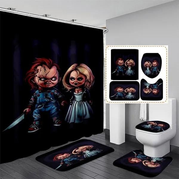 New Hot Bride of Chucky 3D Print Waterproof Fabric Bathroom Curtain Shower Curtains Set Anti-skid Rugs Toilet Lid Cover Bath Mat