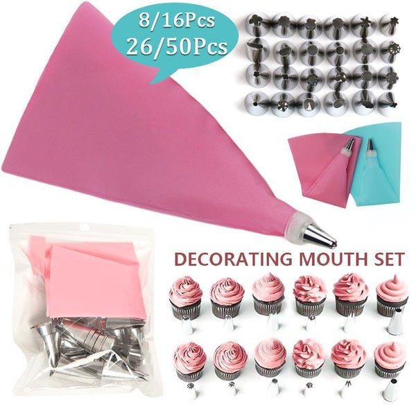 8-16-26-50Pcs Set Silicone Reusable Bag Set and Tips Cake Cream Frosting Decorating Supplies Kit Baking Cookies Tool Cupcake Icing with Pastry Bag