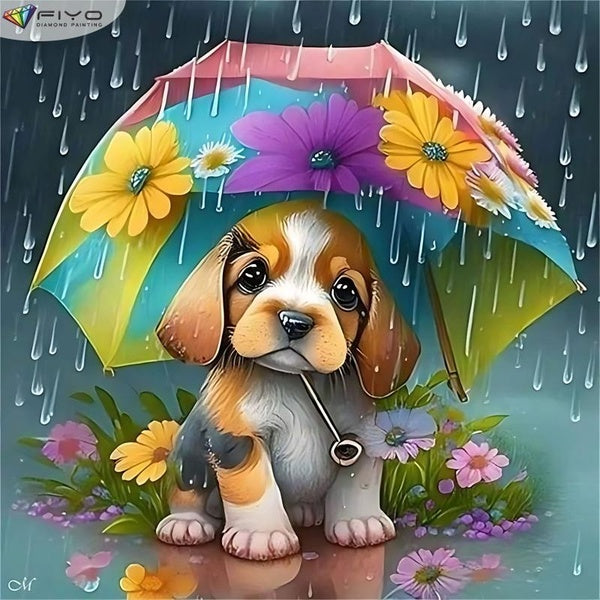 FIYO Puppy With An Umbrella DIY 5D Diamond Painting Full Drill with Number Kits Home and Kitchen Fashion Mosaic Diamond Painting Canvas Wall Decorati