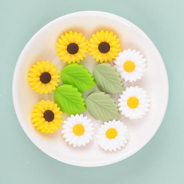 10pcs 20mm Silicone Daisy Flower Leaf Beads DIY Beaded Bracelet Jewelry Making Key Chain Handicraft Supplies Accessories Matron Inn