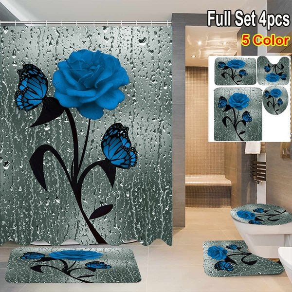 5 Colors Butterfly Rose Pattern Bathroom Decoration Waterproof Bathroom Shower Curtain Mats Rugs Set Non-Slip Bathroom Carpets Toilet Lid Cover Floor