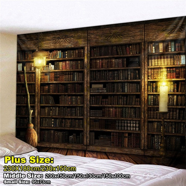 Retro Bookshelf Print Tapestry Art Wall Hanging Blanket Tapestry Room Bedspread Mysterious Library Beach Yoga Mat DecorDecor(95x73cm-150x100cm-150x13