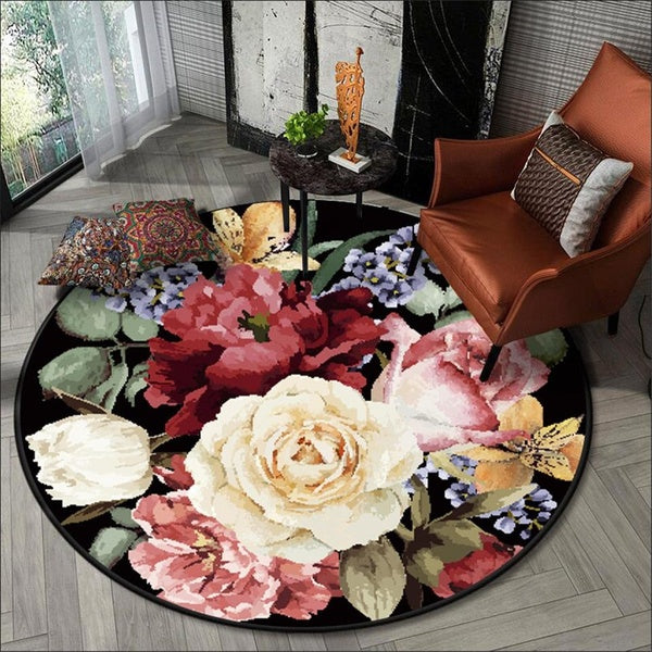 3D Floral Carpet Luxury Vintage Europe Flower Round Carpet Area Rug Black Floor Mat Dining Room Decor