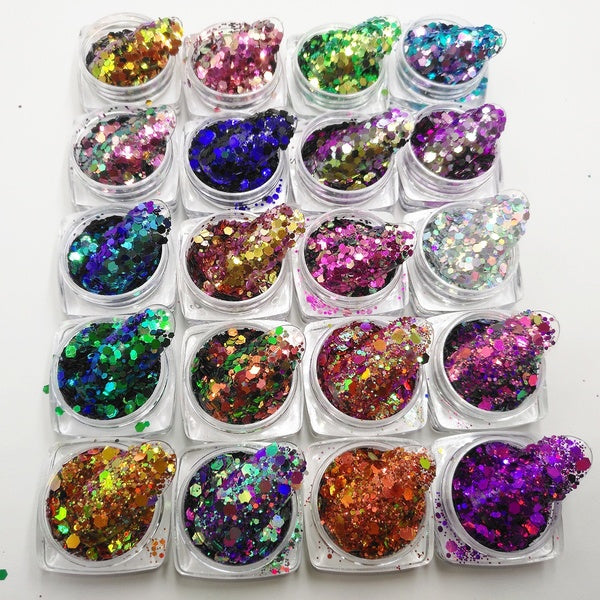 20COLORS Chameleon Glitter Mixed Metallic Luster Hexagon Chunky Shape Nail Glitter Paillette Shape for Nail Art Body Makeup Craft Facepainting DIY