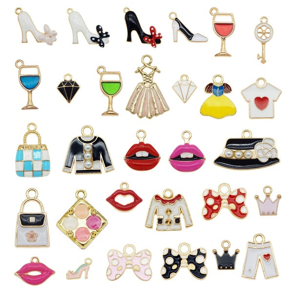 25PCS Enamel Charms Random Mixed Clothes Lip Lipstick Cup Bag Shoes Alloy Necklace Bracelet Jewelry Making Accessory