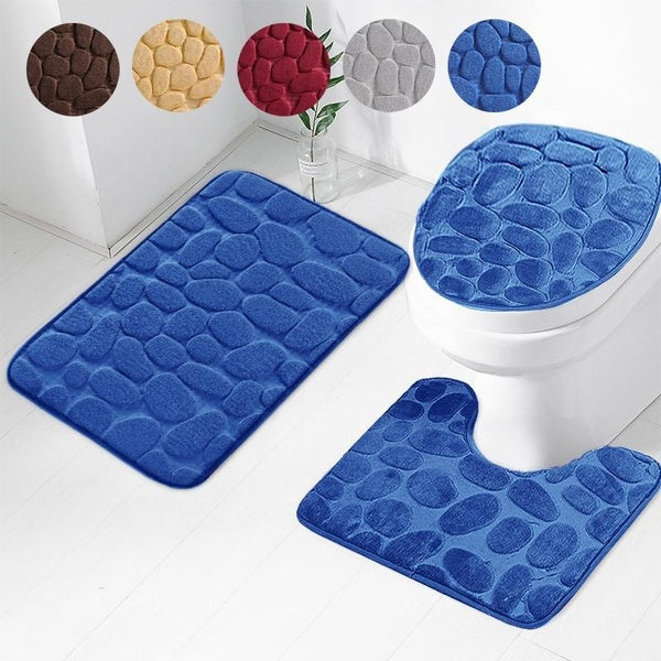 3pcs-set Bathroom Cobblestones Embossed Rug Set, Ultra Soft Non-Slip Memory Foam Bathroom Floor Mat, Absorbent U-Shape Contoured Toilet Mat & Rug & L