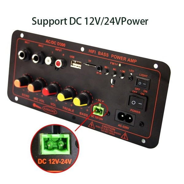 2*300W Bluetooth 5.0 Audio Amplifier Board D300 Dual Microphone Subwoofer Amplifier Module DC12V 24V 1CH Stereo Power AMP D300