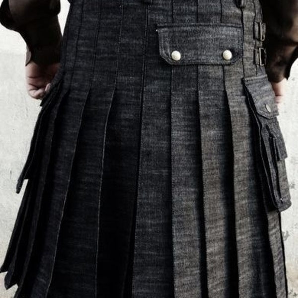 Men's Black handmade Fashion denim Utility Kilt For Men's All 28 - 50 Sizes